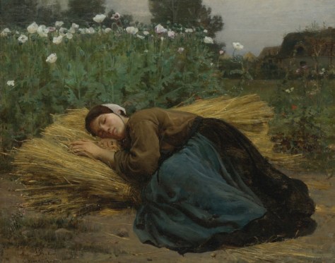 Jules Breton, Jeune Moissonneuse endormie sur des gerbes de ble, 1866, 14.25 x 18.25 inches