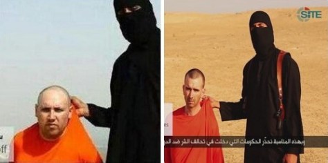 Screenshot from video posted online by  Jihadist extremist group Islamic State  showing US journalist Steven Sotloff (left)  who is said to have been executed in a video  uploaded September 2, 2014.  The group has threatened  to behead UK national  David Cawthorne Haines (right)  if its demands are not met.