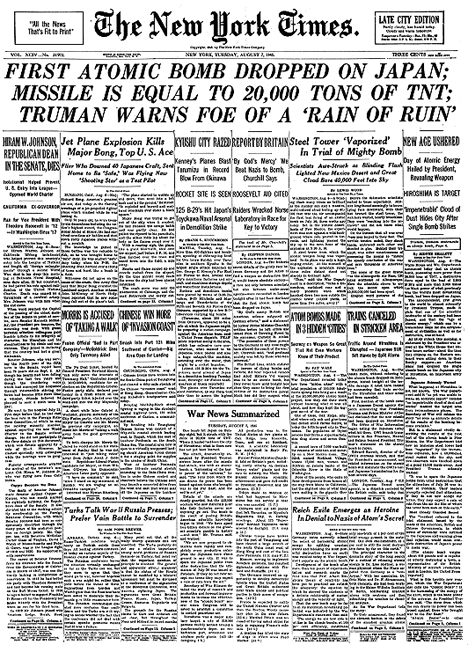 NYT headlines when atomic bomb was dropped. Many thousands killed instantly.
