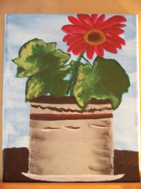 Gerber Daisy, grown and painted by Barbara Mattio. Acrylic paint on canvas, 2009