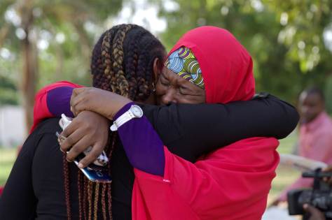 Members of the #BringBackOurGirls campaign embrace each other at a sit-out in Abuja, Nigeria Members of the #BringBackOurGirls campaign embrace each other at a sit-out in Abuja, Nigeria, on May 18, 2016, after hearing that a Nigerian teenager kidnapped by Boko Haram more than two years ago was rescued. Afolabi Sotunde / Reuters