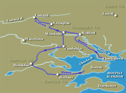 Map of Paul Revere's Ride