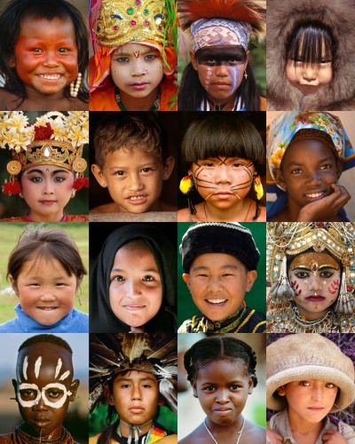Mosaic of children from around the world, including, Kayapo, Indian, Native American, Inuit, Balinese, Polynesian, Yanomamo, Cuban, Tsaatan, Moroccan, Mongolian, Karo, Malagasy, and Pakistani.