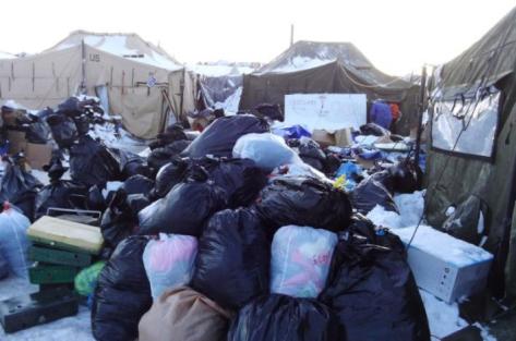 Supplies are piled up for the remaining activists that are left grappling with plunging temperatures that make conditions there more difficult at the protest camp in Cannon Ball, North Dakota, December 14, 2016. Picture taken December 14, 2016. REUTERS/Valerie Volcovici
