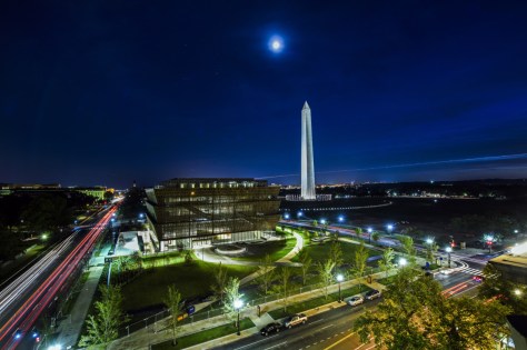 From the top of the Department of Commerce building looking south across Constitution Avenue NW, the NMAAHC sits between 14th Street, left, and 15th Street, right, near the Washington Monument. Getty